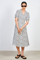 White and black floral print button front dress_2