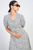 White and black floral print button front dress_4