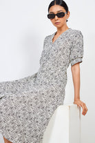 White and black floral print button front dress_1