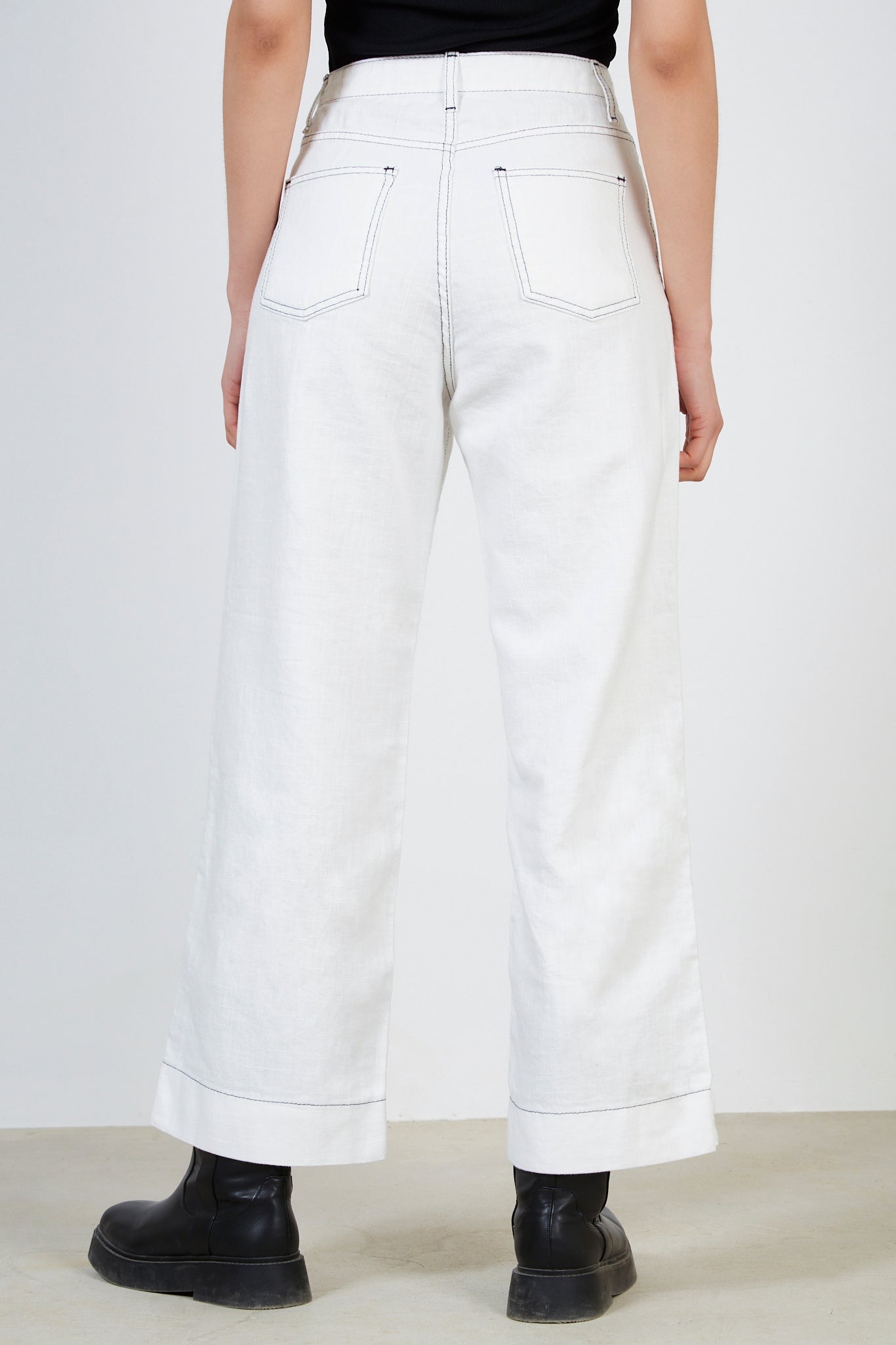 White and black lightweight wide leg contrast stitch jeans