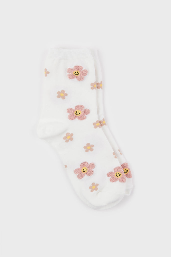 White and pink daisy smiley face socks_2