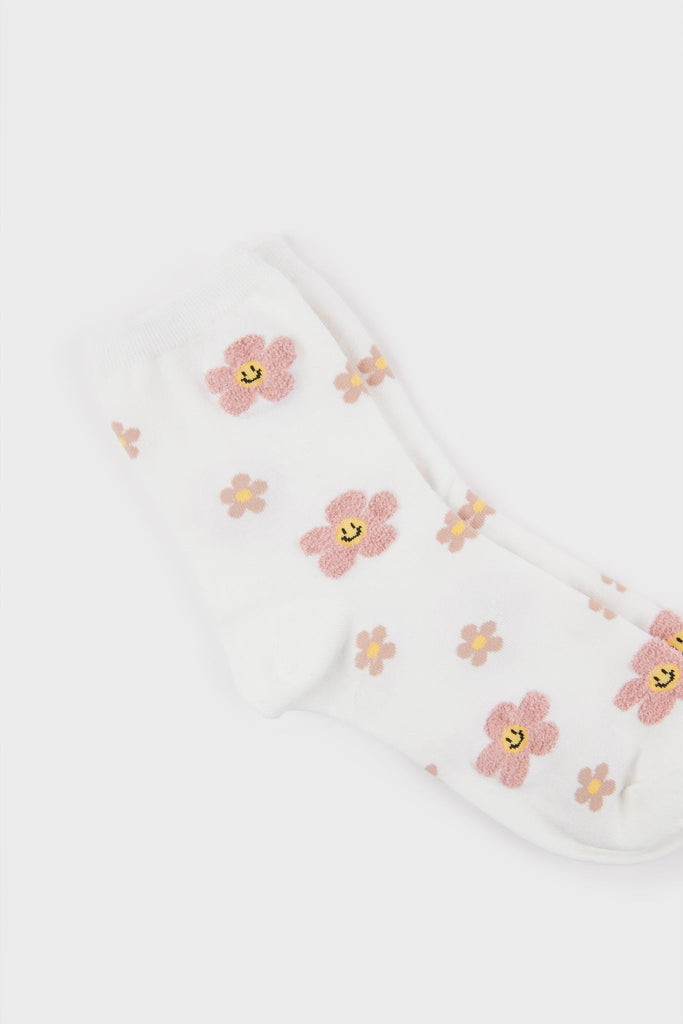 White and pink daisy smiley face socks_4