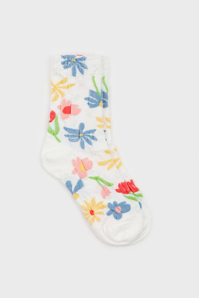 White bright floral print socks_1