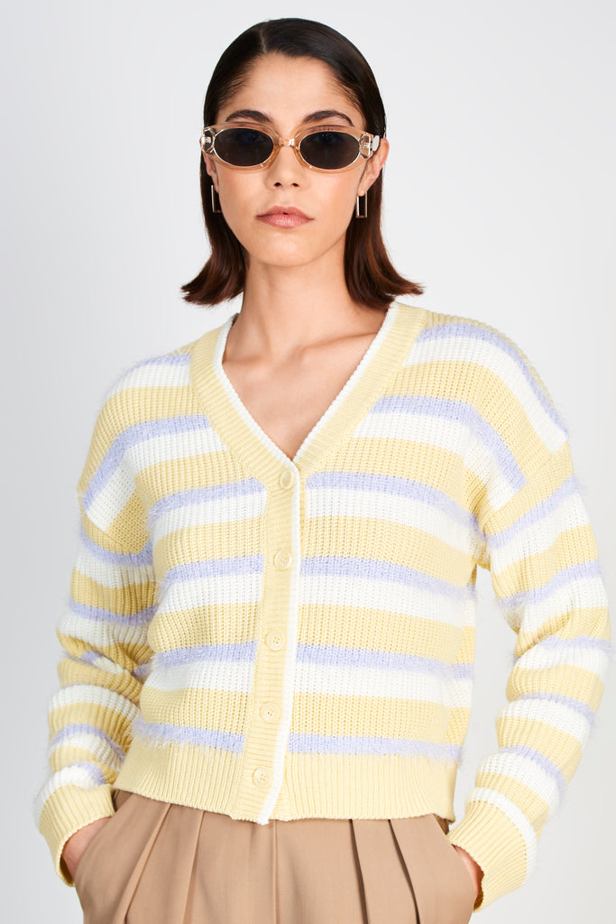 Yellow and purple fuzzy stripe cardigan_1