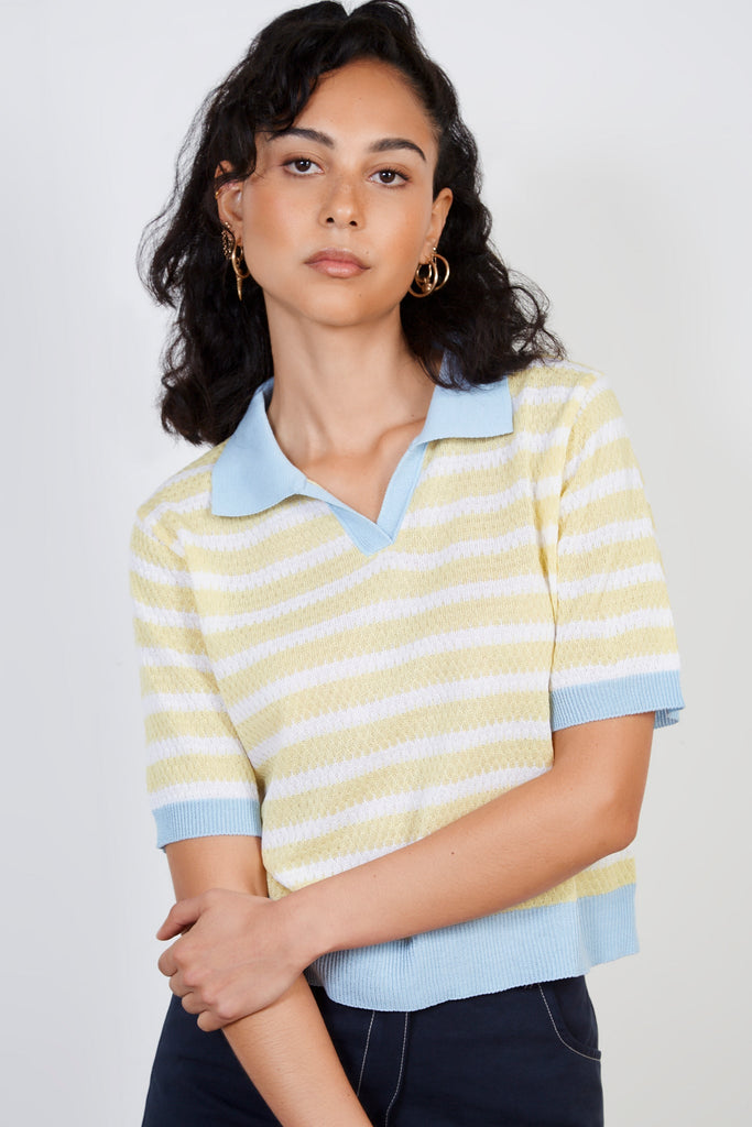 Yellow striped light blue collar knit tee_1
