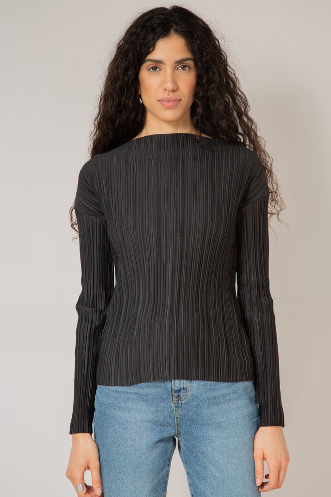 Black pleat ribbed wide neck top_8