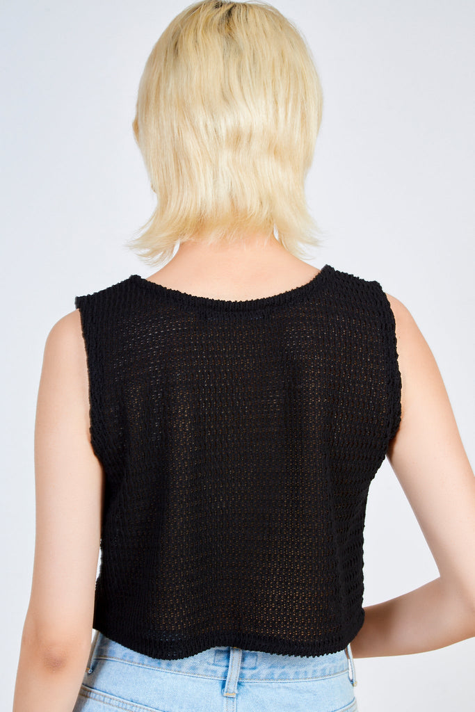 Black loose weave button front tank_2