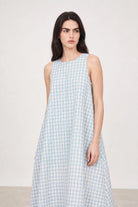 Blue large gingham checked side pocket dress_3