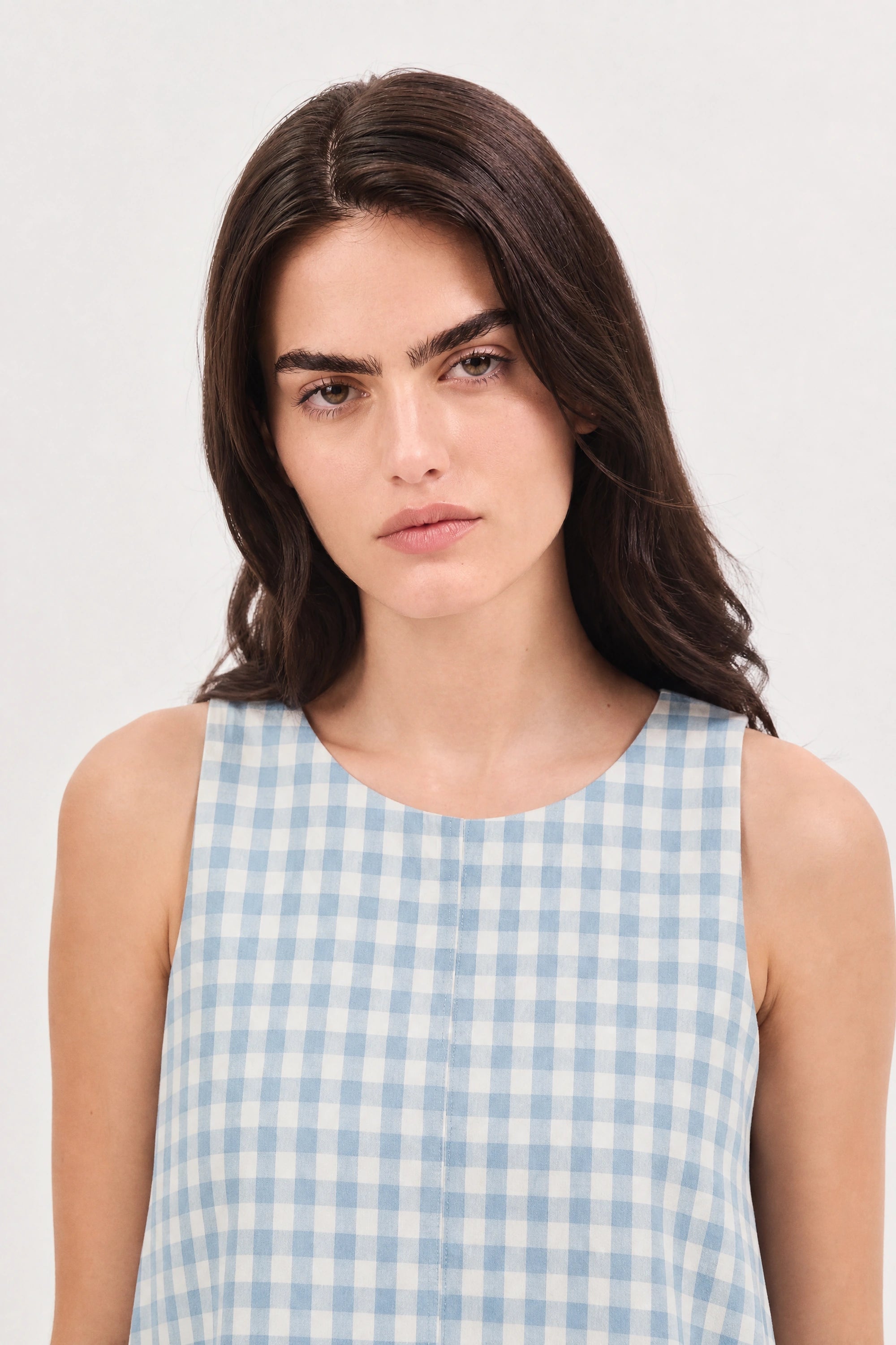 Blue large gingham checked side pocket dress_4