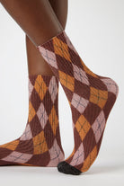 Brown and mustard metallic argyle socks_1
