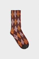 Brown and mustard metallic argyle socks_2