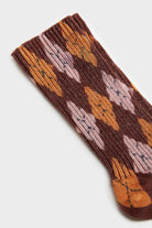 Brown and mustard metallic argyle socks_3