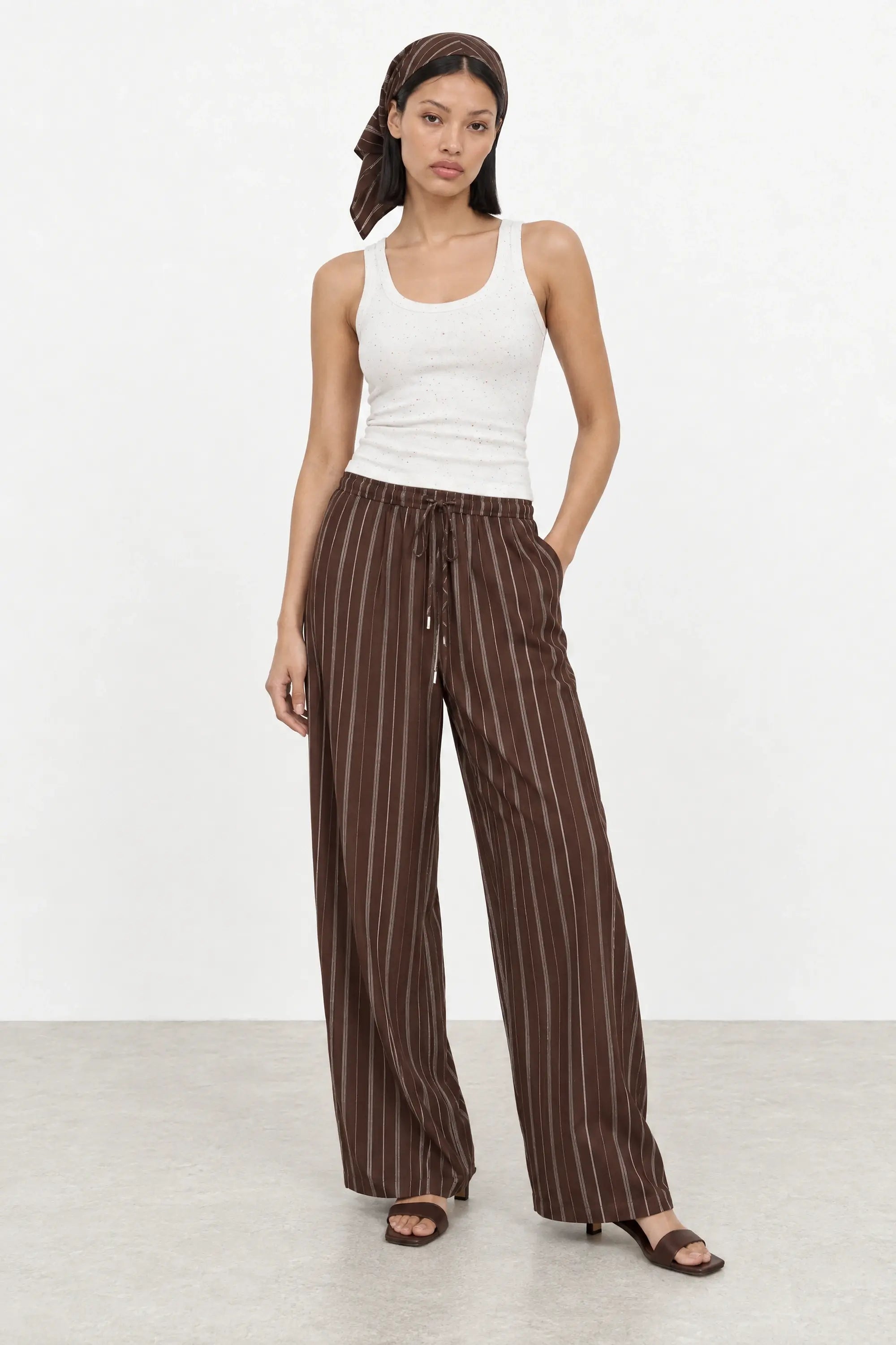 Dark brown and white linen blend striped scarf waist trousers_6