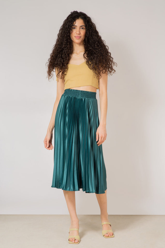 Deep green satin pleated thick waistband skirt_4