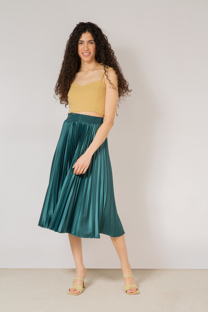 Deep green satin pleated thick waistband skirt_3