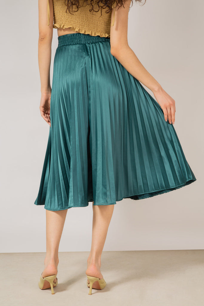 Deep green satin pleated thick waistband skirt_5