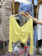 Yellow wide V ribbed shirring long sleeved top_1