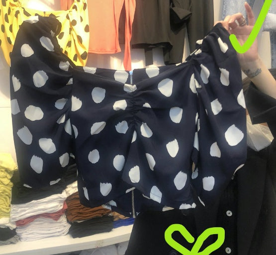 Navy and white spot ruched front crop top_1