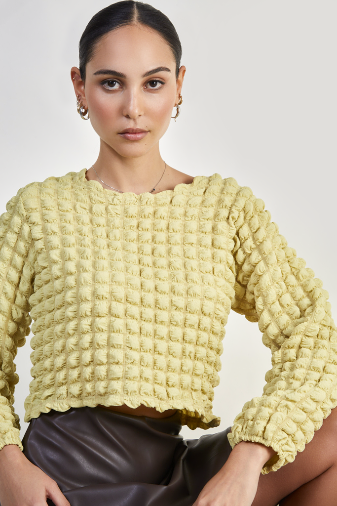 Lime green textured puff long sleeve top_5