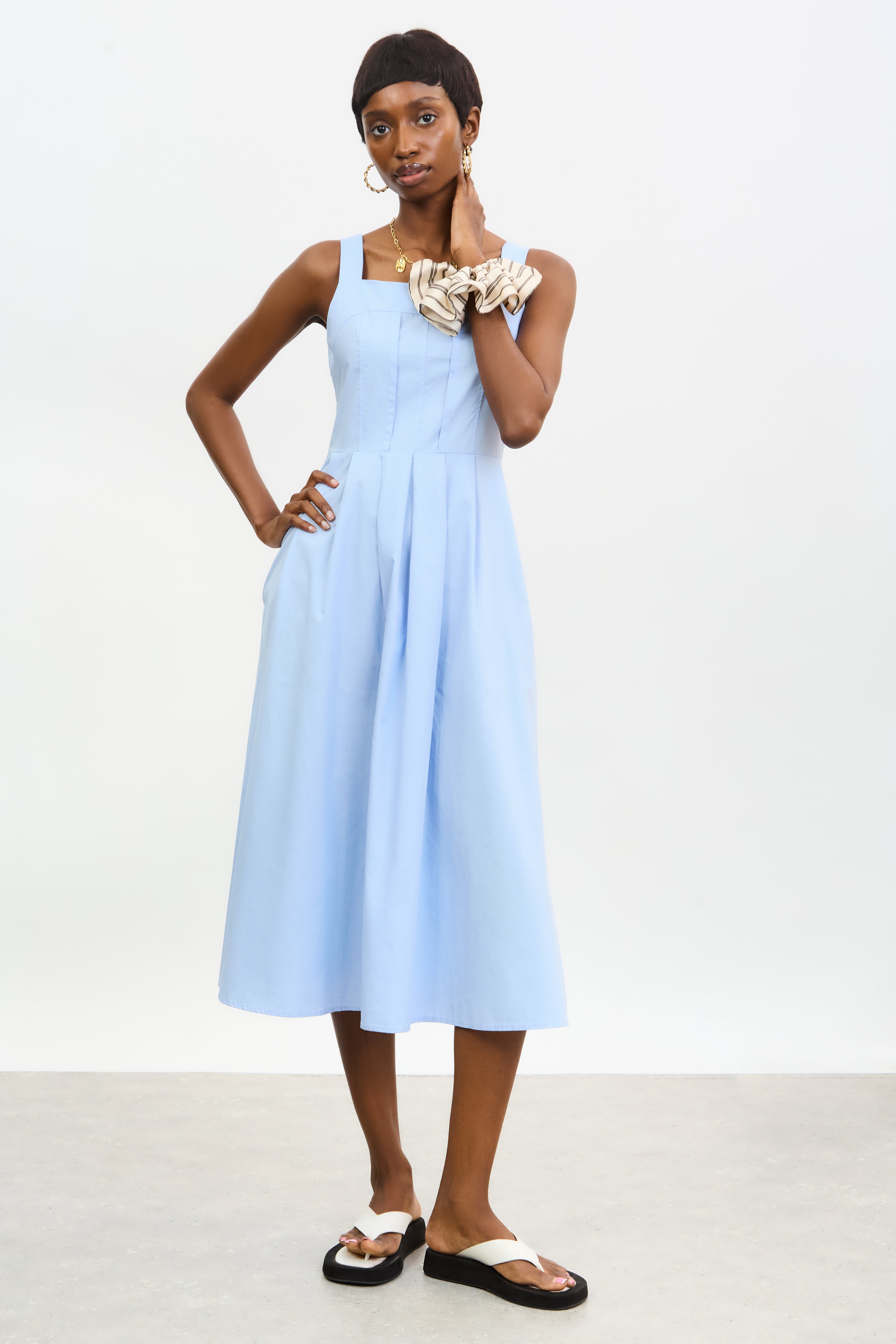 Pale blue bodice box pleat midi dress | Glassworks London