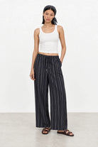 Navy blue and white linen blend striped scarf waist trousers_6