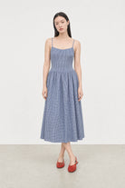 Navy blue gingham ruched back dress_1