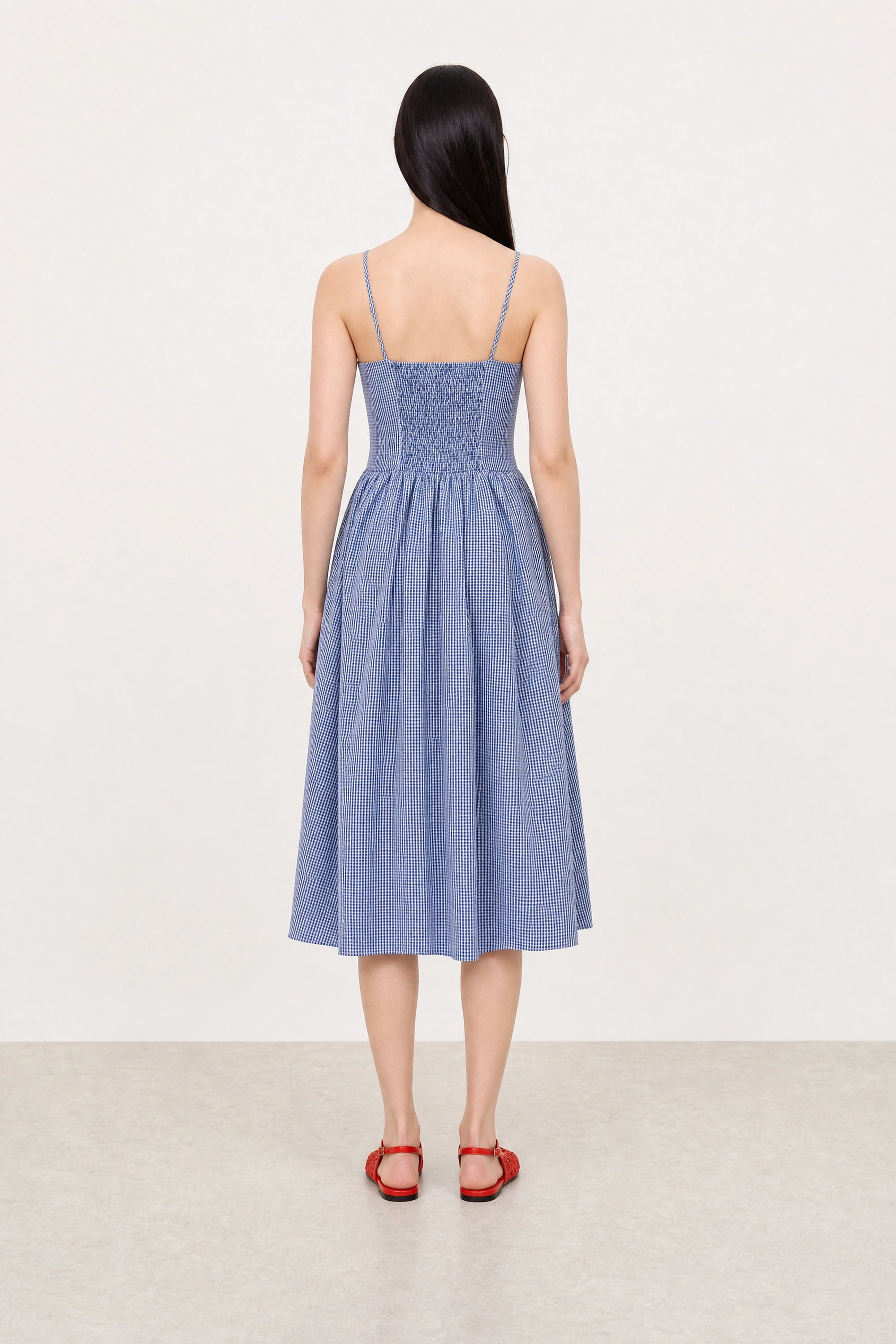 Navy blue gingham ruched back dress_2