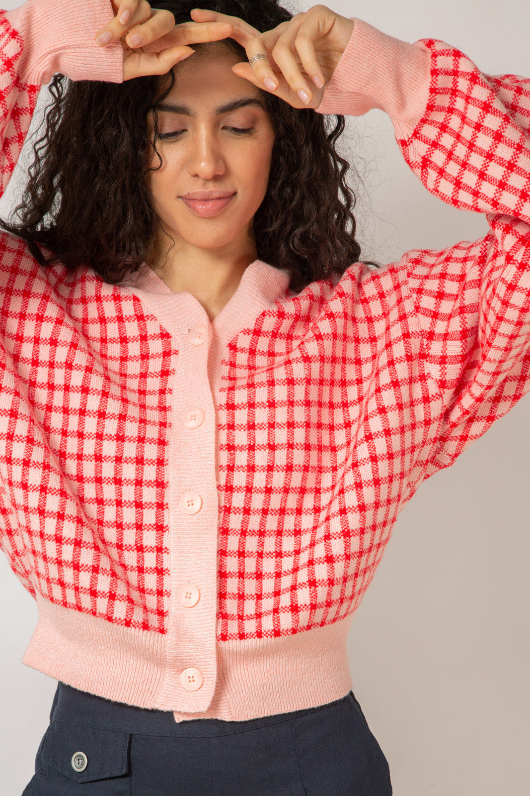 Pink and red gingham check cardigan Glassworks London