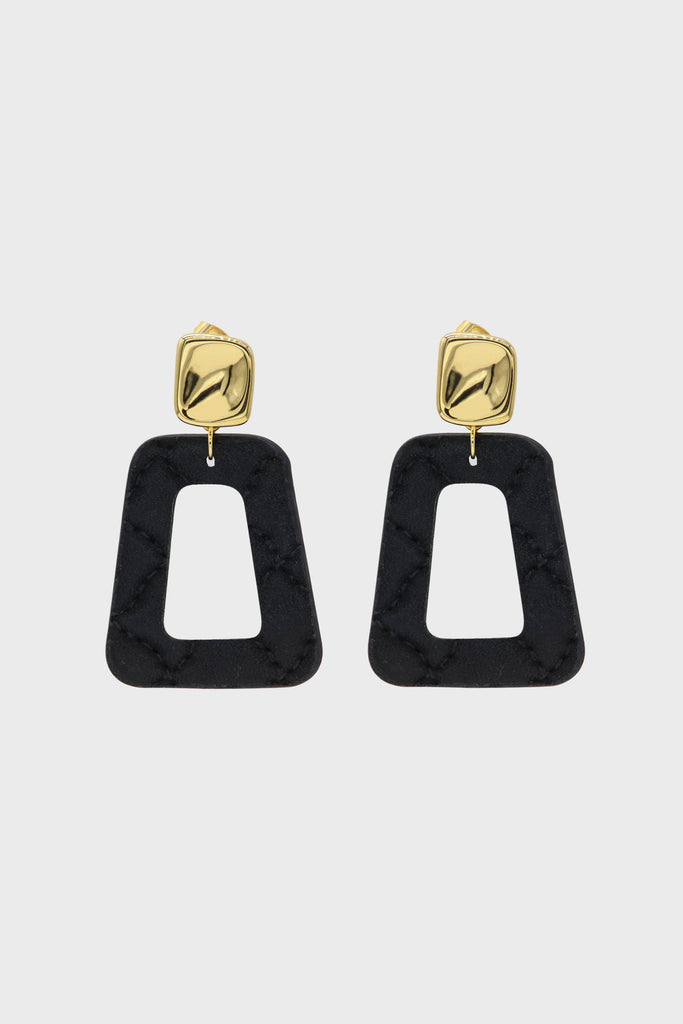 Gold and black vegan leather square drop earrings_4